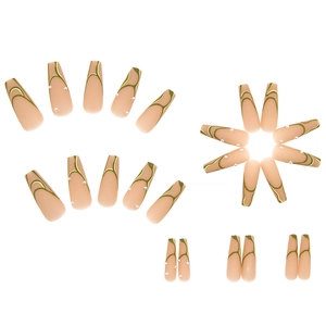 Long trapezoid press-on nails in matte nude pink with green lines and pearl accents