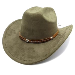 Detail of moss green faux suede cowboy hat with star studs and brown leather band