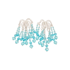 Elegant silver tassel drop earrings featuring light blue faceted crystal beads on white base