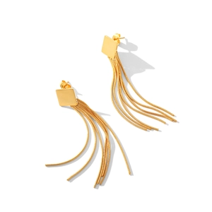 Golden tassel earrings featuring geometric cube studs and dangling snake chain fringe