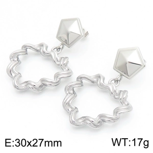 Detail of silver wavy hoop earrings with star studs showing size 30x27mm and 17g weight