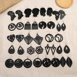 Black Hollow Out Wooden Earrings For Women African Map Afro Silhouette Geometric Ethnic Bohemian Style Laser Cut Jewelry