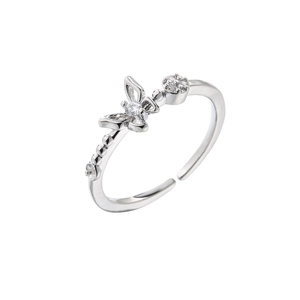 Silver butterfly and flower open ring with sparkling zircon stones for women