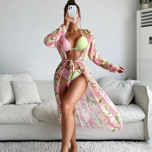 Set bikini 3 pezzi con copricostume a maniche lunghe e motivo floreale per donna