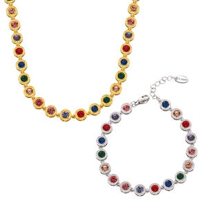 Colorful zircon jewelry set with gold-plated stainless steel necklace and bracelet