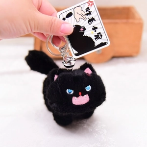 Cute black fuzzy cat plush keychain with silver bell and metal clasp for backpacks