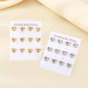 Minimalist stainless steel heart stud earring set with zircons in gold and silver