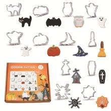 Detail of 12pcs stainless steel Halloween cookie cutter set with various holiday shapes