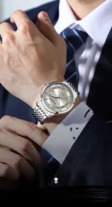 Detail of a business watch with dual calendar display worn by a man in a blue suit