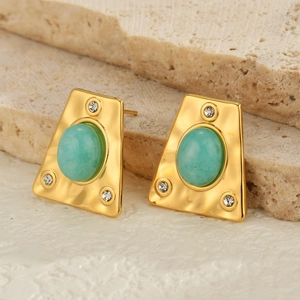 Minimalist 18K gold plated trapezoid stud earrings with turquoise stone and crystals