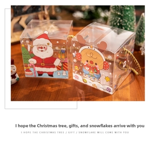 Close-up of transparent Christmas gift box with Santa illustrations and gold rope handle