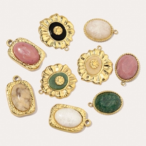 French vintage oval natural stone pendants in floral stainless steel gold finish