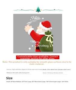 Size chart for Santa Claus moon window stickers showing S to XXL dimensions and PVC material