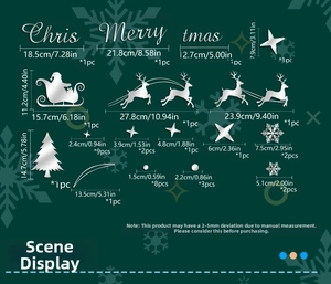 Detailed dimension guide for Christmas mirror acrylic wall decals including reindeer and stars