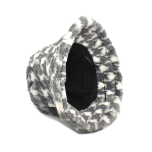 Detail view of the gray and white plush bucket hat showing the interior size adjuster