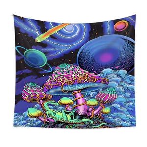 Detail of psychedelic wall tapestry featuring neon mushrooms and a green lizard creature