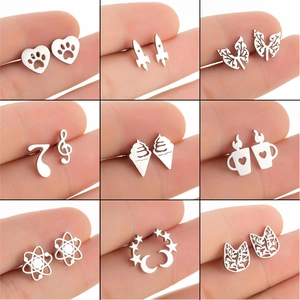 Geometric Stainless Steel Stud Earrings Heart Paw Print Ice Cream Coffee Cup Atom Star Moon Summer Minimalist For Women
