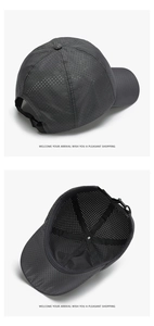 Detail view showing the perforated texture and interior of the gray baseball cap