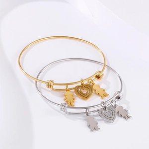 Adjustable stainless steel bracelets with heart and children charms in gold and silver