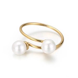 Minimalist 18K gold plated stainless steel open ring with double white pearls