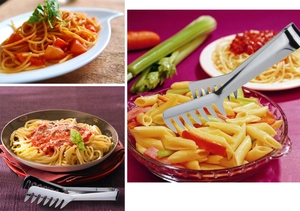 Macro detail of stainless steel pasta tongs picking up spaghetti and macaroni