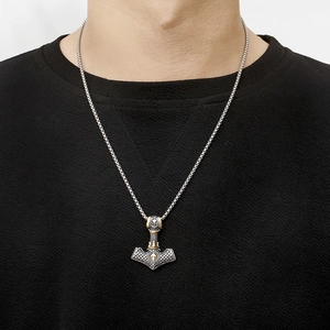 Men's punk Viking Thor's Hammer Mjölnir pendant necklace in silver and gold steel
