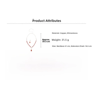 Detail of red rhinestone flower pendant necklace and earrings set with copper dimensions