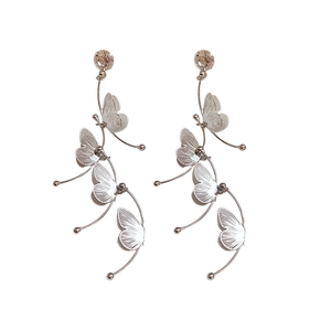 Elegant silver long tassel butterfly drop earrings with hollow design for women