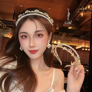 Elegant white pearl and crystal flower headband with gold and silver alloy base finish