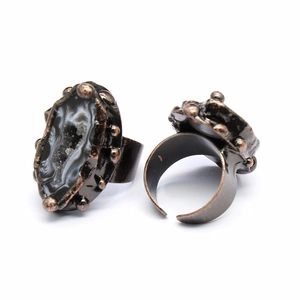 Vintage natural agate druzy geode ring with dark metal adjustable band for women