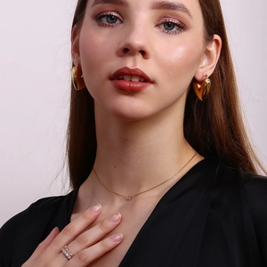 Minimalist 18K gold plated stainless steel jewelry set with heart earrings and zircon necklace