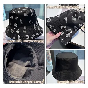 Double-sided reversible black sun hat with white skull print and breathable cotton fabric