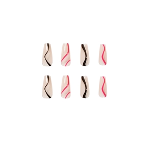 Faux ongles longs cercueil nude avec des motifs de lignes ondulées noires et roses