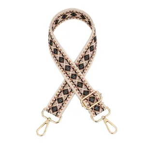 Dettaglio tracolla regolabile in tessuto con motivi geometrici e ganci metallici oro