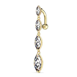 Sexy golden stainless steel belly button ring with marquise-cut marquise-cut cubic zirconia