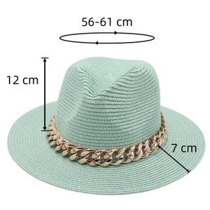 Détail du chapeau de paille vert menthe avec chaîne dorée et dimensions 56-61 cm