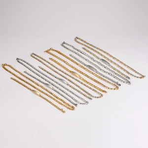 Hip hop style gold and silver Cuban chain bracelets with engraved rectangular bar plates