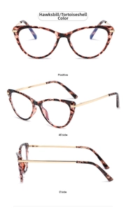 Three views of tortoiseshell cat-eye glasses with gold metal temples from multiple angles