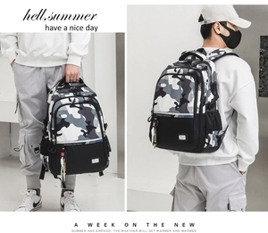 Dual-view of camouflage college backpack showing hand-held and back-carrying styles