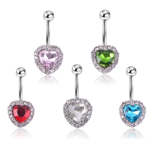 Set of five heart-shaped navel rings with zirconia in pink green red white and blue