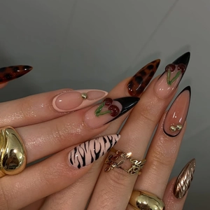 Almond Press On Nails 3D Cherry Design Zebra Leopard Print French Black Tips Gold Beads Multiple Sizes Artificial Nails