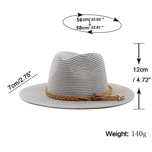 Grey woven fedora straw hat for men and women with size dimensions 56-58cm for summer