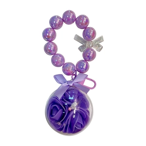 Purple iridescent beaded keychain with eternal rose flower ball and ribbon bow charm