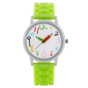 Detail shot of green silicone strap and pencil-shaped hands on cartoon kids watch