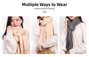 Three ways to wear a solid color cashmere-feel scarf with fringe tassels in beige and grey
