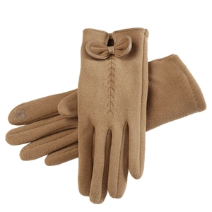 Women's thermal winter gloves in camel brown with bow detail and touch screen embroidery