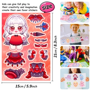 Detail of 15x21cm cartoon girl dress-up stickers showing size specs and creative usage scenes