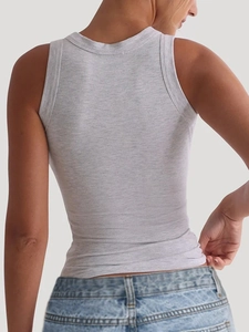 Detail of the grey ribbed tank top with round neck shown on model back view