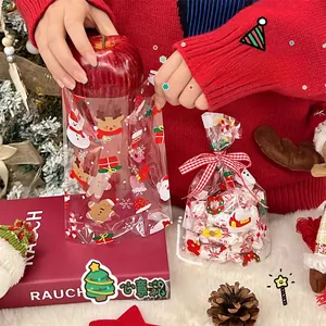 Detailed view of festive transparent Christmas gift bag filled with an apple and candies