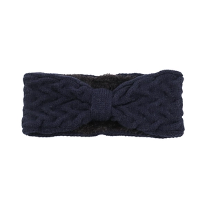 Detail of dark blue knit headband showing soft brown faux fur lining for winter warmth